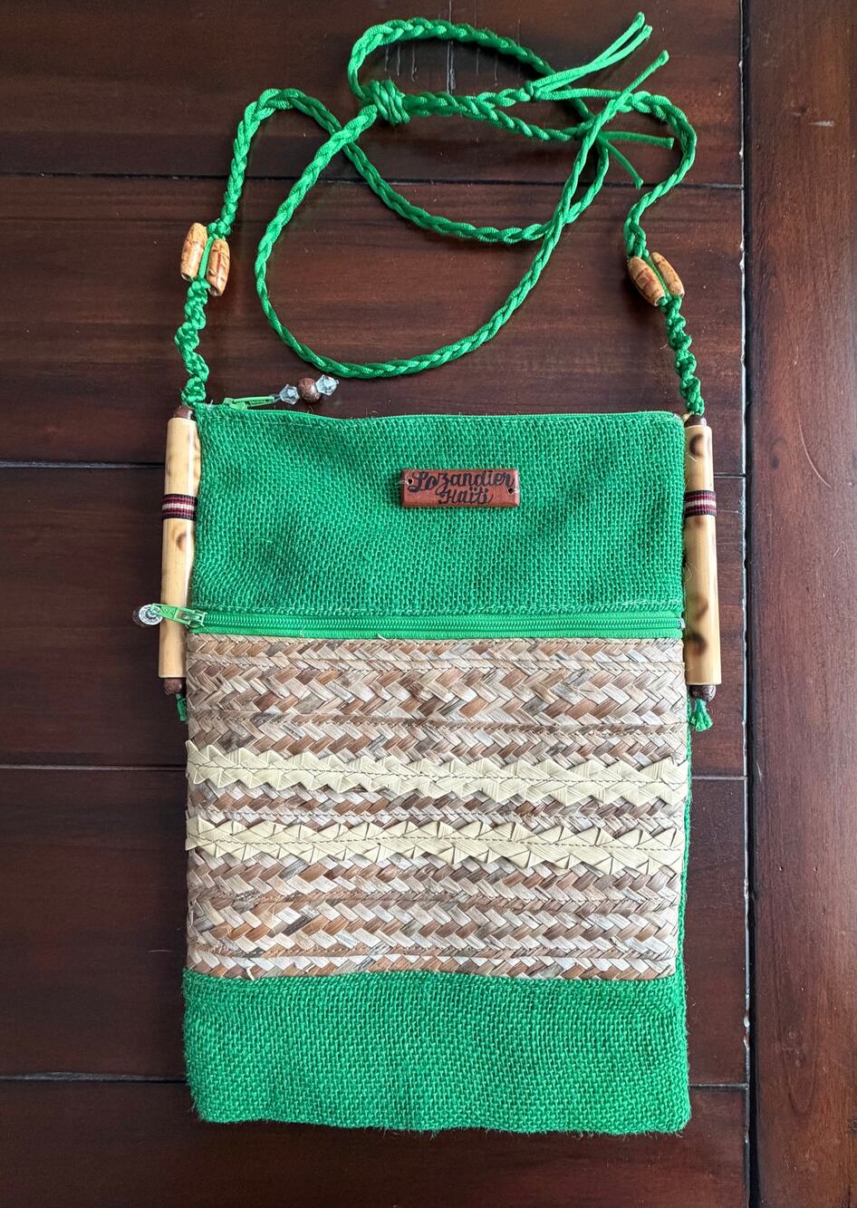 Vintage Lozandier Haiti Woven Straw Crossbody Bag Green Burlap Boho Travel Purse